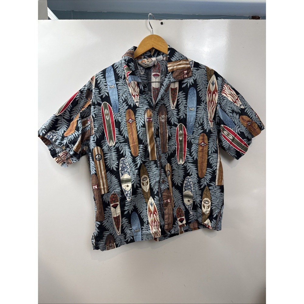 Matt Rider Shirt Mens Large Blk Blue Button Up Surfing Hawaii Waikiki Surfboards